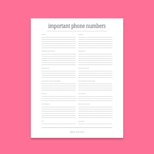 Important Phone Numbers – Mom Agenda