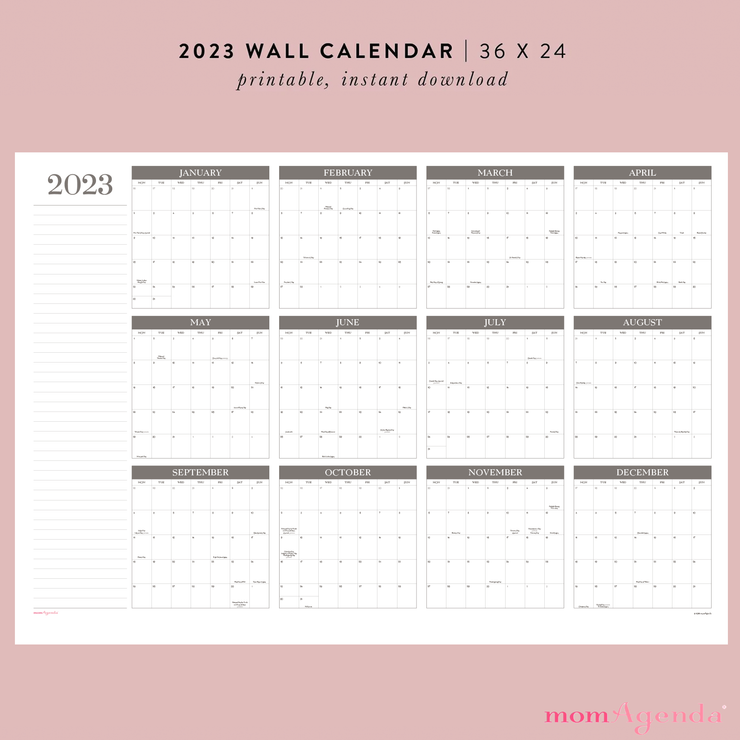 Printable 36 x 24 Poster Size Wall Calendar January - Dec 2023